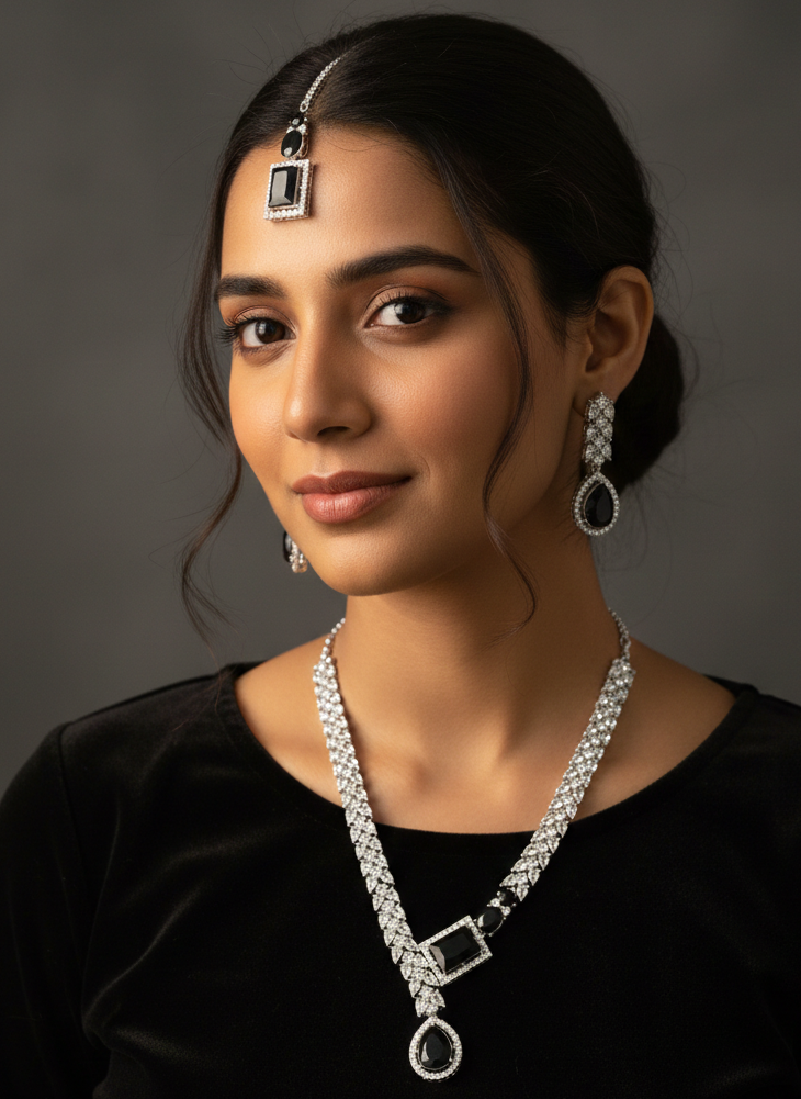 Silver-Finish Necklace Set with Onyx-Black Crystals