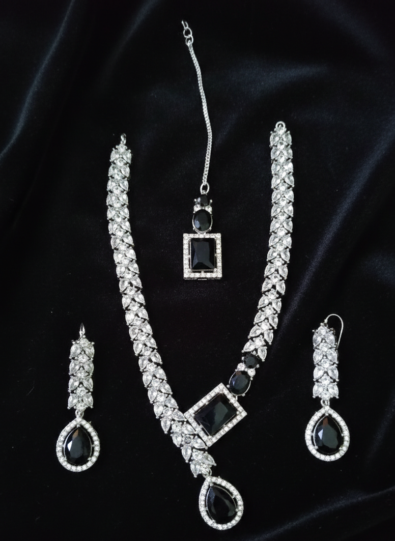 Silver-Finish Necklace Set with Onyx-Black Crystals
