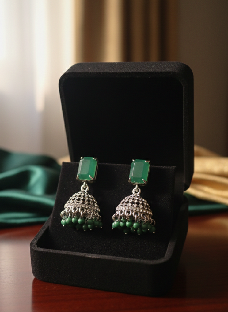 Royal Emerald Green Stone Jhumkas