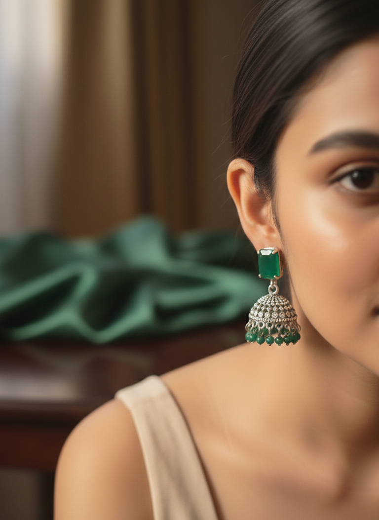 Royal Emerald Green Stone Jhumkas