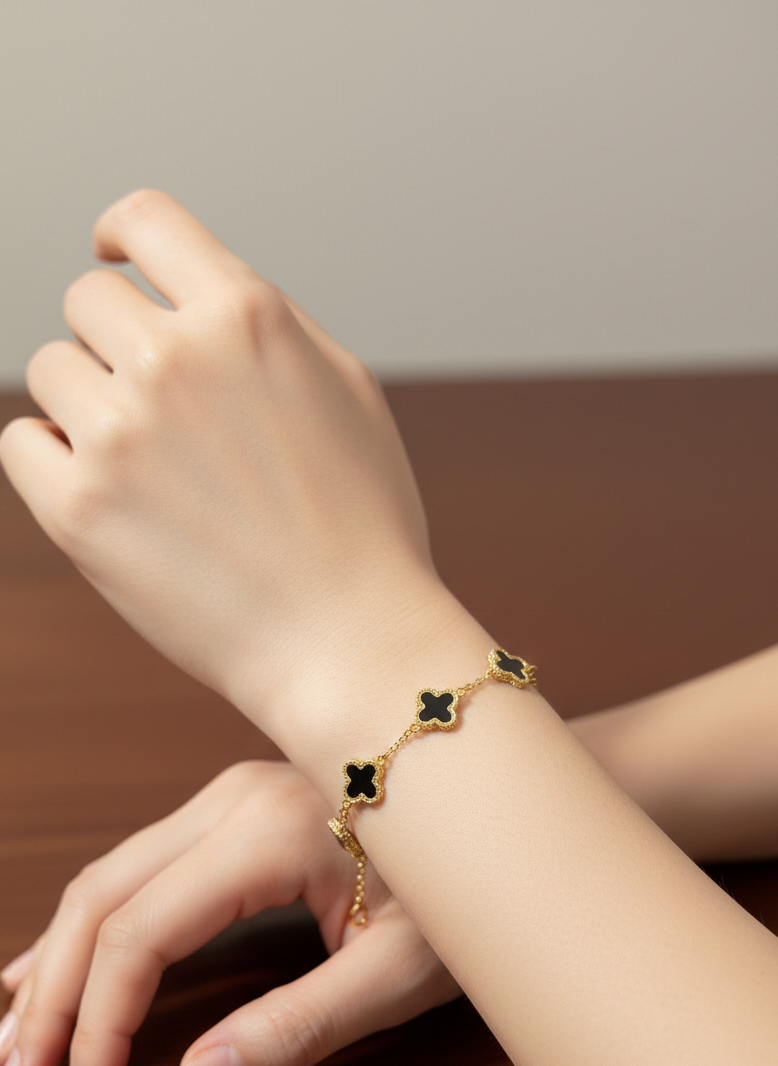 Gold & Black Clover Charm Bracelet